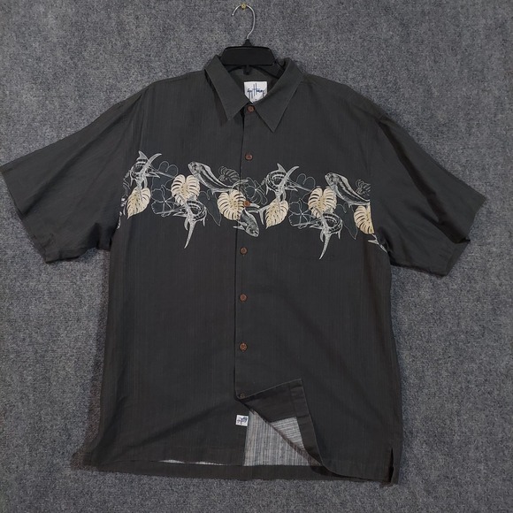 Guy Harvey Shirt Mens XL Black Fish Floral Hawaiian Button Up AFTCO Bluewater - Picture 1 of 9
